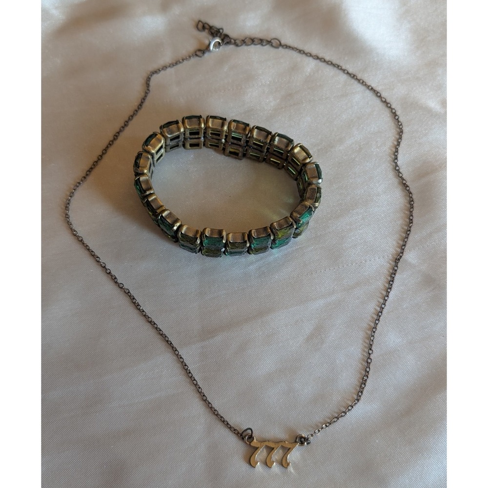 VTG Style Green Rhinestone Stretch Bracelet & 777 Angel Number Necklace Set Boho